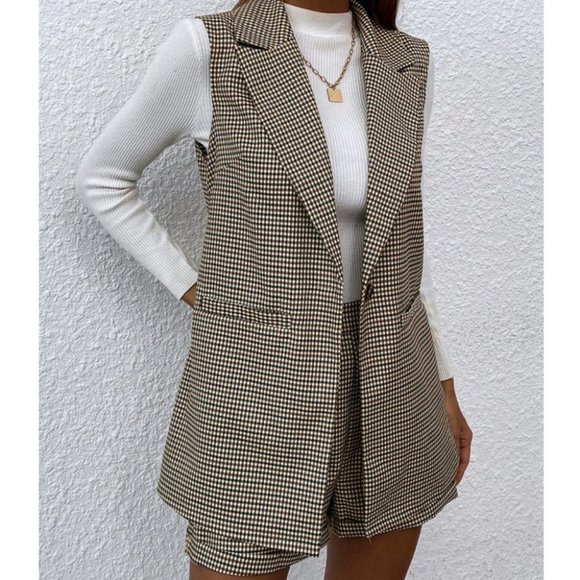 plaid single button waistcoat & shorts set classy chic business casual trending - Picture 2 of 7